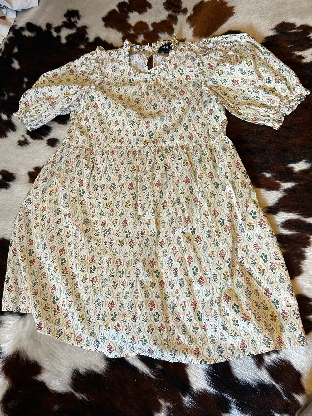 Floral Puff-Sleeve Mini Dress in Cream with Multi-Color Print